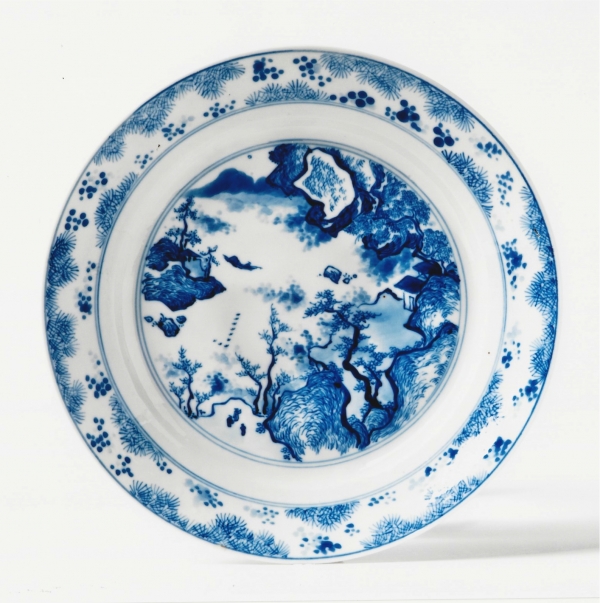 Eén van een serie van zes borden van blauw-wit porselein